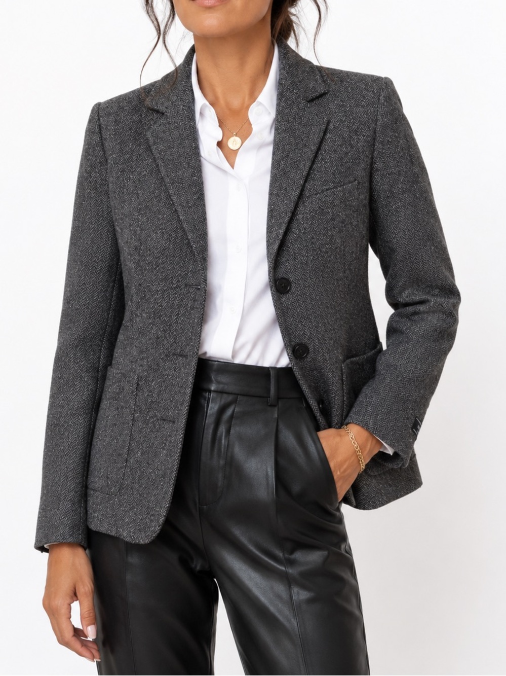 LL Bean Herringbone Tweed Jacket Wool Silk Blend Blazer Heritage Workwear Grey M